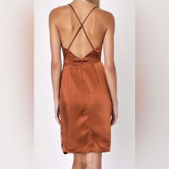 Lulu’s Bronze Satin Surplice Faux-Wrap Dress Size M. NWT. - Picture 3 of 8